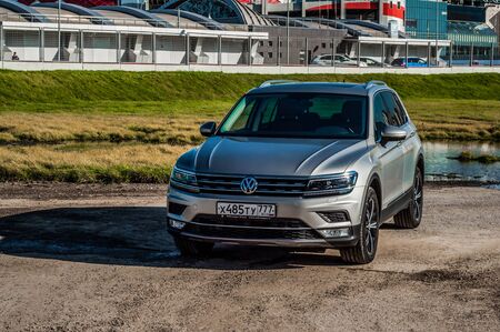 MOSCOW, RUSSIA - SEPTEMBER 22, 2017 VOLKSWAGEN TIGUAN compact 4motion crossover car SUV manufactured by Volkswagen, front-side view. Test of new car - Volkswagen Tiguan. Second generation Volkswagen Tiguan. 2.0 TSI Engine. AWDのeditorial素材