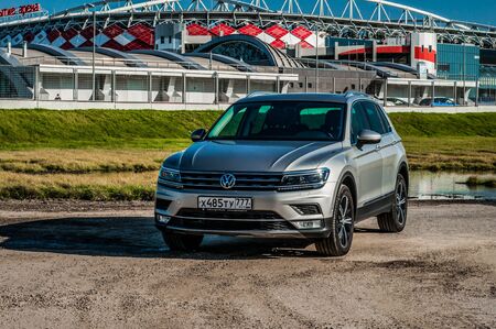 MOSCOW, RUSSIA - SEPTEMBER 22, 2017 VOLKSWAGEN TIGUAN compact 4motion crossover car SUV manufactured by Volkswagen, front-side view. Test of new car - Volkswagen Tiguan. Second generation Volkswagen Tiguan. 2.0 TSI Engine. AWDのeditorial素材