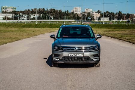 MOSCOW, RUSSIA - SEPTEMBER 22, 2017 VOLKSWAGEN TIGUAN compact 4motion crossover car SUV manufactured by Volkswagen, front-side view. Test of new car - Volkswagen Tiguan. Second generation Volkswagen Tiguan. 2.0 TSI Engine. AWDのeditorial素材