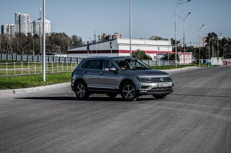 MOSCOW, RUSSIA - SEPTEMBER 22, 2017 VOLKSWAGEN TIGUAN compact 4motion crossover car SUV manufactured by Volkswagen, front-side view. Test of new car - Volkswagen Tiguan. Second generation Volkswagen Tiguan. 2.0 TSI Engine. AWDのeditorial素材