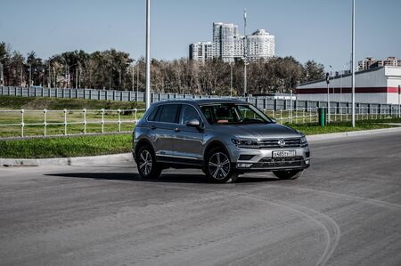 MOSCOW, RUSSIA - SEPTEMBER 22, 2017 VOLKSWAGEN TIGUAN compact 4motion crossover car SUV manufactured by Volkswagen, front-side view. Test of new car - Volkswagen Tiguan. Second generation Volkswagen Tiguan. 2.0 TSI Engine. AWDのeditorial素材