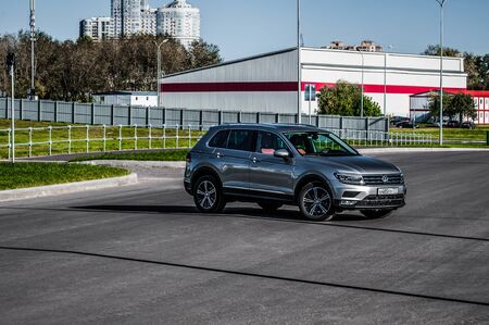 MOSCOW, RUSSIA - SEPTEMBER 22, 2017 VOLKSWAGEN TIGUAN compact 4motion crossover car SUV manufactured by Volkswagen, front-side view. Test of new car - Volkswagen Tiguan. Second generation Volkswagen Tiguan. 2.0 TSI Engine. AWDのeditorial素材