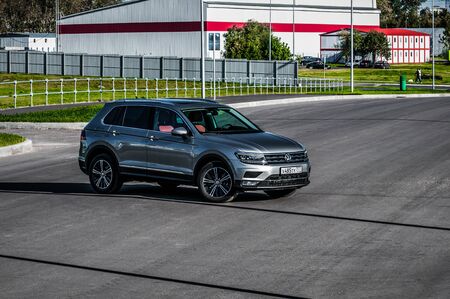 MOSCOW, RUSSIA - SEPTEMBER 22, 2017 VOLKSWAGEN TIGUAN compact 4motion crossover car SUV manufactured by Volkswagen, front-side view. Test of new car - Volkswagen Tiguan. Second generation Volkswagen Tiguan. 2.0 TSI Engine. AWDのeditorial素材