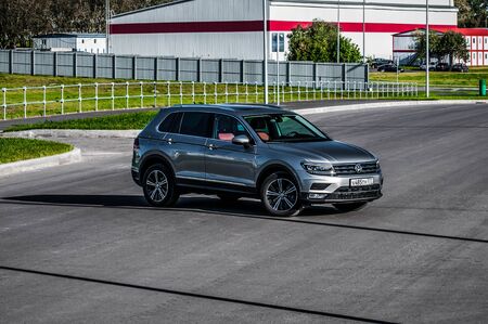 MOSCOW, RUSSIA - SEPTEMBER 22, 2017 VOLKSWAGEN TIGUAN compact 4motion crossover car SUV manufactured by Volkswagen, front-side view. Test of new car - Volkswagen Tiguan. Second generation Volkswagen Tiguan. 2.0 TSI Engine. AWDのeditorial素材