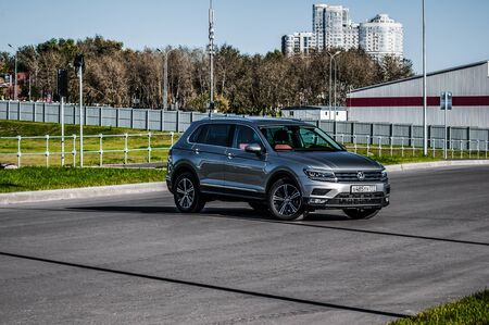 MOSCOW, RUSSIA - SEPTEMBER 22, 2017 VOLKSWAGEN TIGUAN compact 4motion crossover car SUV manufactured by Volkswagen, front-side view. Test of new car - Volkswagen Tiguan. Second generation Volkswagen Tiguan. 2.0 TSI Engine. AWDのeditorial素材