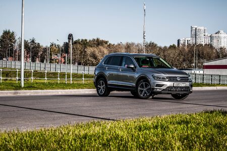 MOSCOW, RUSSIA - SEPTEMBER 22, 2017 VOLKSWAGEN TIGUAN compact 4motion crossover car SUV manufactured by Volkswagen, front-side view. Test of new car - Volkswagen Tiguan. Second generation Volkswagen Tiguan. 2.0 TSI Engine. AWDのeditorial素材
