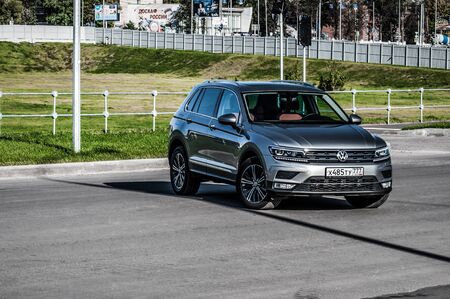 MOSCOW, RUSSIA - SEPTEMBER 22, 2017 VOLKSWAGEN TIGUAN compact 4motion crossover car SUV manufactured by Volkswagen, front-side view. Test of new car - Volkswagen Tiguan. Second generation Volkswagen Tiguan. 2.0 TSI Engine. AWDのeditorial素材