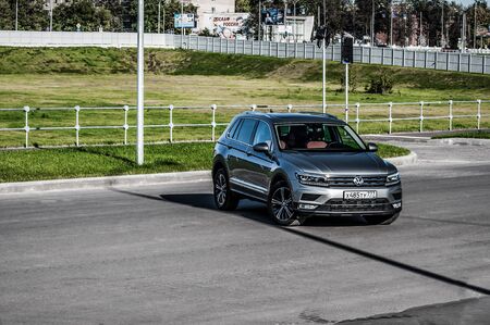 MOSCOW, RUSSIA - SEPTEMBER 22, 2017 VOLKSWAGEN TIGUAN compact 4motion crossover car SUV manufactured by Volkswagen, front-side view. Test of new car - Volkswagen Tiguan. Second generation Volkswagen Tiguan. 2.0 TSI Engine. AWDのeditorial素材