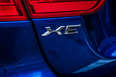 MOSCOW, RUSSIA - DECEMBER 17, 2017 JAGUAR XE R-Sport sedan car, front-side view. Test of new car -...