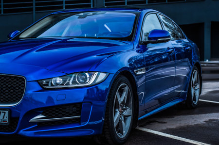 MOSCOW, RUSSIA - DECEMBER 17, 2017 JAGUAR XE R-Sport sedan car, front-side view. Test of new car -...