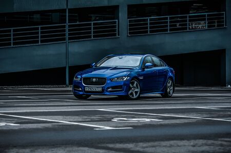MOSCOW, RUSSIA - DECEMBER 17, 2017 JAGUAR XE R-Sport sedan car, front-side view. Test of new car - Jaguar XE 2,0 T AWD R-Sport. Premium-class saloon and I4 engine. The premium car. 250-horsepower I4 engine.のeditorial素材