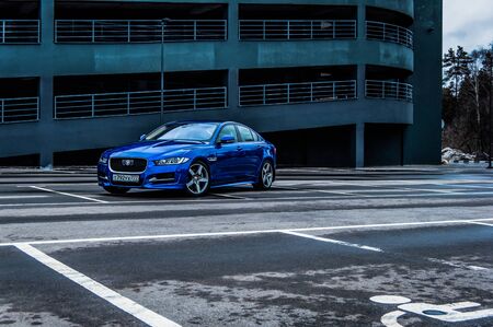 MOSCOW, RUSSIA - DECEMBER 17, 2017 JAGUAR XE R-Sport sedan car, front-side view. Test of new car - Jaguar XE 2,0 T AWD R-Sport. Premium-class saloon and I4 engine. The premium car. 250-horsepower I4 engine.のeditorial素材