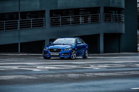 MOSCOW, RUSSIA - DECEMBER 17, 2017 JAGUAR XE R-Sport sedan car, front-side view. Test of new car - Jaguar XE 2,0 T AWD R-Sport. Premium-class saloon and I4 engine. The premium car. 250-horsepower I4 engine.のeditorial素材