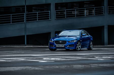 MOSCOW, RUSSIA - DECEMBER 17, 2017 JAGUAR XE R-Sport sedan car, front-side view. Test of new car - Jaguar XE 2,0 T AWD R-Sport. Premium-class saloon and I4 engine. The premium car. 250-horsepower I4 engine.のeditorial素材