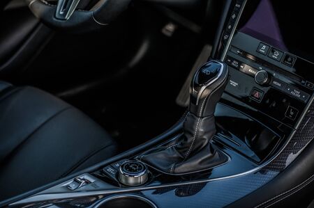 MOSCOW, RUSSIA - SEPTEMBER 1, 2017 INFINITI Q60 coupe car, interior view. Test of new car - Infiniti Q60 Coupe. Business-class saloon and V6 engine. The premium sports coupe. 405-horsepower V6 engine.のeditorial素材