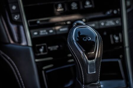 MOSCOW, RUSSIA - SEPTEMBER 1, 2017 INFINITI Q60 coupe car, interior view. Test of new car - Infiniti Q60 Coupe. Business-class saloon and V6 engine. The premium sports coupe. 405-horsepower V6 engine.のeditorial素材