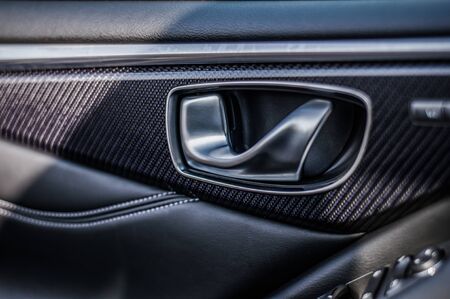 MOSCOW, RUSSIA - SEPTEMBER 1, 2017 INFINITI Q60 coupe car, interior view. Test of new car - Infiniti Q60 Coupe. Business-class saloon and V6 engine. The premium sports coupe. 405-horsepower V6 engine.のeditorial素材