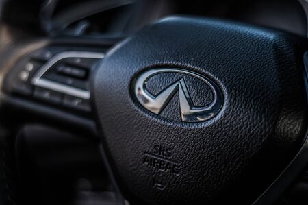 MOSCOW, RUSSIA - SEPTEMBER 1, 2017 INFINITI Q60 coupe car, interior view. Test of new car - Infiniti Q60 Coupe. Business-class saloon and V6 engine. The premium sports coupe. 405-horsepower V6 engine.のeditorial素材