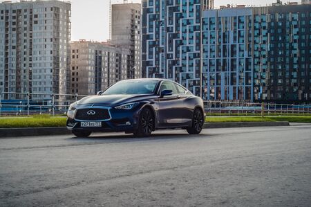 MOSCOW, RUSSIA - SEPTEMBER 1, 2017 INFINITI Q60 coupe car, front-side view. Test of new car - Infiniti Q60 Coupe. Business-class saloon and V6 engine. The premium sports coupe. 405-horsepower V6 engine.のeditorial素材