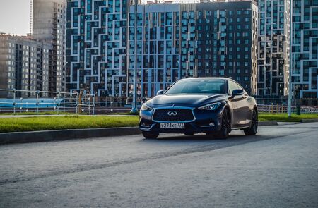 MOSCOW, RUSSIA - SEPTEMBER 1, 2017 INFINITI Q60 coupe car, front-side view. Test of new car - Infiniti Q60 Coupe. Business-class saloon and V6 engine. The premium sports coupe. 405-horsepower V6 engine.のeditorial素材