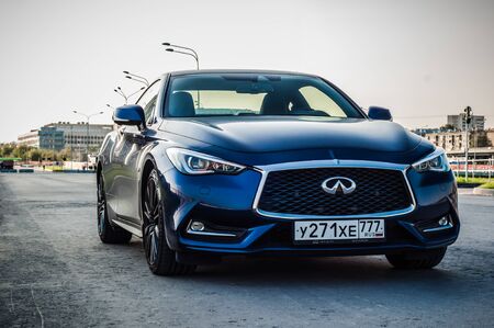 MOSCOW, RUSSIA - SEPTEMBER 1, 2017 INFINITI Q60 coupe car, front-side view. Test of new car - Infiniti Q60 Coupe. Business-class saloon and V6 engine. The premium sports coupe. 405-horsepower V6 engine.のeditorial素材