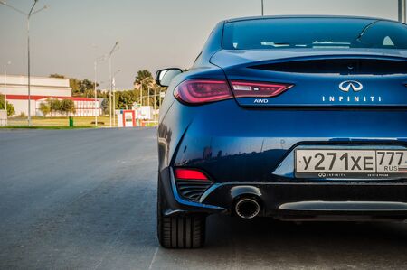 MOSCOW, RUSSIA - SEPTEMBER 1, 2017 INFINITI Q60 coupe car, front-side view. Test of new car - Infiniti Q60 Coupe. Business-class saloon and V6 engine. The premium sports coupe. 405-horsepower V6 engine.のeditorial素材