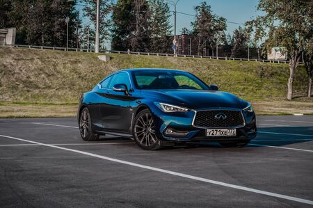 MOSCOW, RUSSIA - SEPTEMBER 1, 2017 INFINITI Q60 coupe car, front-side view. Test of new car - Infiniti Q60 Coupe. Business-class saloon and V6 engine. The premium sports coupe. 405-horsepower V6 engine.のeditorial素材