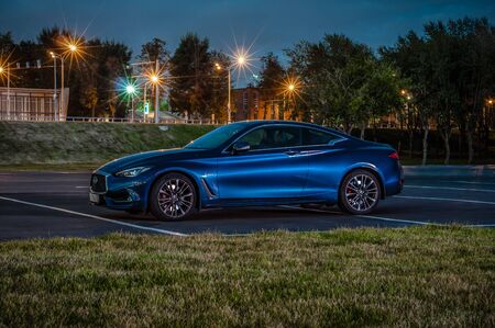MOSCOW, RUSSIA - AUGUST 30, 2017 INFINITI Q60 coupe car, front-side view. Test of new car - Infiniti Q60 Coupe. Business-class saloon and V6 engine. The premium sports coupe. 405-horsepower V6 engine.のeditorial素材