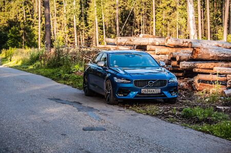 MOSCOW, RUSSIA - JULY 21, 2017 VOLVO S90 R-DESIGN T6, front-side view. Test of new Volvo S90 sedan. This car is AWD sedan with business-class saloon. T6 engine.のeditorial素材