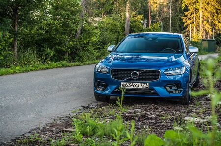 MOSCOW, RUSSIA - JULY 21, 2017 VOLVO S90 R-DESIGN T6, front-side view. Test of new Volvo S90 sedan. This car is AWD sedan with business-class saloon. T6 engine.のeditorial素材