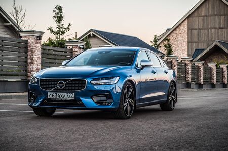 MOSCOW, RUSSIA - JULY 21, 2017 VOLVO S90 R-DESIGN T6, front-side view. Test of new swedish car - Volvo S90 sedan. This car is AWD sedan with business-class saloon and T6 engine. R-Design.のeditorial素材