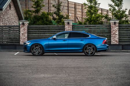 MOSCOW, RUSSIA - JULY 21, 2017 VOLVO S90 R-DESIGN T6, front-side view. Test of new Volvo S90 sedan. This car is AWD sedan with business-class saloon. T6 engine.のeditorial素材