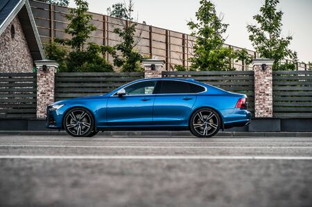 MOSCOW, RUSSIA - JULY 21, 2017 VOLVO S90 R-DESIGN T6, front-side view. Test of new swedish car - Volvo S90 sedan. This car is AWD sedan with business-class saloon and T6 engine. R-Design.のeditorial素材
