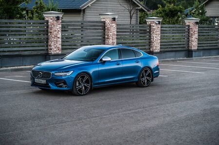 MOSCOW, RUSSIA - JULY 21, 2017 VOLVO S90 R-DESIGN T6, front-side view. Test of new swedish car - Volvo S90 sedan. This car is AWD sedan with business-class saloon and T6 engine. R-Design.のeditorial素材