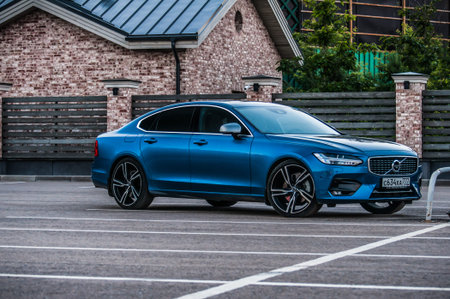 MOSCOW, RUSSIA - JULY 21, 2017 VOLVO S90 R-DESIGN T6, front-side view. Test of new Volvo S90 sedan....