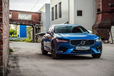 MOSCOW, RUSSIA - JULY 21, 2017 VOLVO S90 R-DESIGN T6, front-side view. Test of new Volvo S90 sedan. This car is AWD sedan with business-class saloon. T6 engine.のeditorial素材