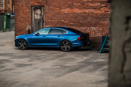 MOSCOW, RUSSIA - JULY 21, 2017 VOLVO S90 R-DESIGN T6, front-side view. Test of new Volvo S90 sedan. This car is AWD sedan with business-class saloon. T6 engine.のeditorial素材