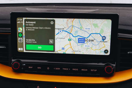 MOSCOW, RUSSIA - JANUARY 10, 2021 KIA XCeed. AWD Hatchback SUV. New KIA XCeed crossover model year 2020. KIA interior close up view. Car media close up view. CarPlay on the screen. Homescreen.のeditorial素材