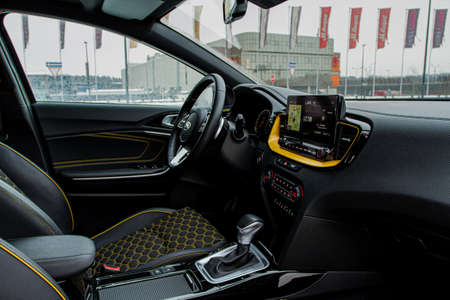 MOSCOW, RUSSIA - JANUARY 10, 2021 KIA XCeed. AWD Hatchback SUV. New KIA XCeed crossover model year 2020. KIA XCeed interior close up view. Compact SUV car produced by Kia Motors.のeditorial素材