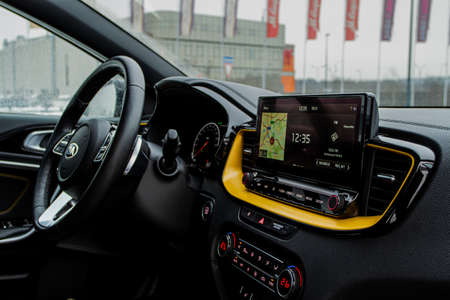 MOSCOW, RUSSIA - JANUARY 10, 2021 KIA XCeed. AWD Hatchback SUV. New KIA XCeed crossover model year 2020. KIA XCeed interior close up view. Compact SUV car produced by Kia Motors.のeditorial素材