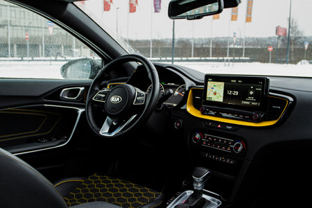 MOSCOW, RUSSIA - JANUARY 10, 2021 KIA XCeed. AWD Hatchback SUV. New KIA XCeed crossover model year 2020. KIA company badge close up view on the steering wheel close up view.のeditorial素材