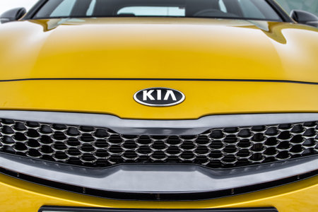 MOSCOW, RUSSIA - JANUARY 10, 2021 KIA XCeed. AWD Hatchback SUV. New KIA XCeed crossover model year 2020.Yellow KIA on winter background. Compact SUV car produced by Kia Motors.