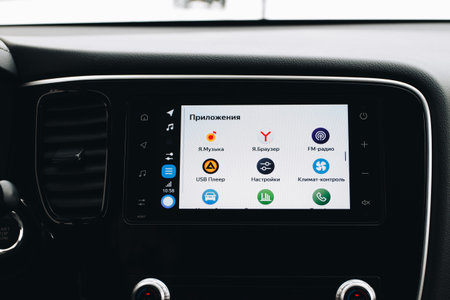 MOSCOW, RUSSIA - JANUARY 30, 2021 Mitsubishi Outlander dark interior view. Close up view of a car...