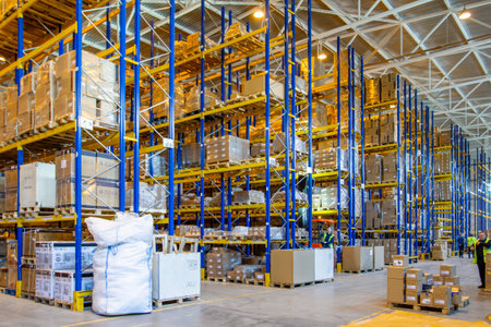 Interior of a modern warehouse storage with rows and goods boxes on high shelvesの写真素材
