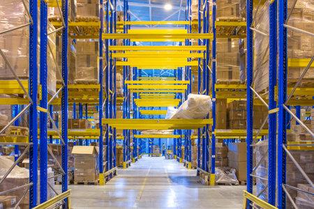 Interior of a modern warehouse storage with rows and goods boxes on high shelvesの写真素材