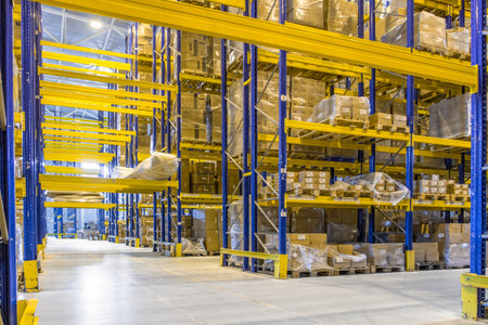 Interior of a modern warehouse storage with rows and goods boxes on high shelves