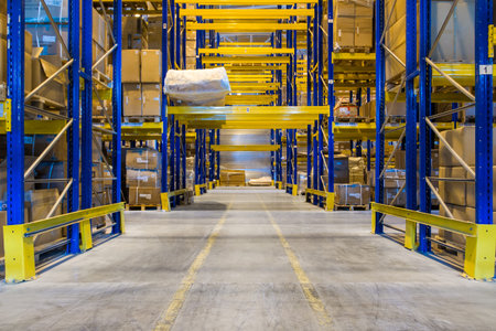 Interior of a modern warehouse storage with rows and goods boxes on high blue yellow shelves
