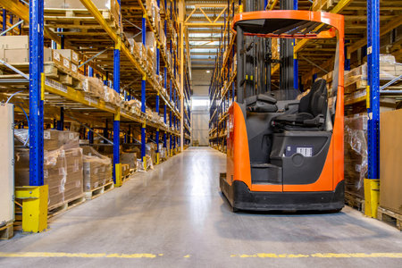 Interior of a modern warehouse storage with rows and goods boxes on high shelves. Pallet truck...