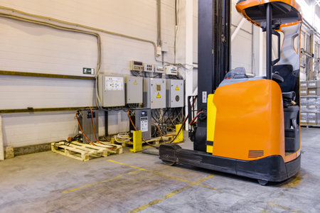 Electrical forklift loader charging in the warehouse. Pallet stacker truck equipment inside of a...