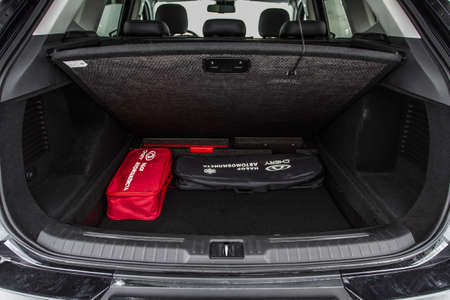 MOSCOW, RUSSIA - FEBRUARY 23, 2021 CHERYEXEED TXL SUV interior close up view. Huge, clean and empty car trunk in interior of compact suv. Rear view of a SUV car with open trunk.のeditorial素材